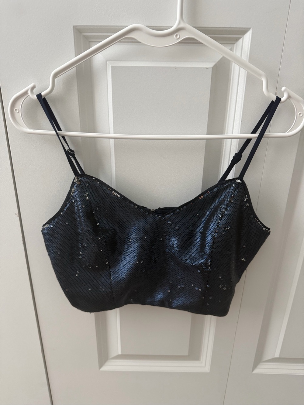 AKIRA Navy Blue Sequin Whimsygoth Fairy Bustier Crop Top with Adjustable Straps
